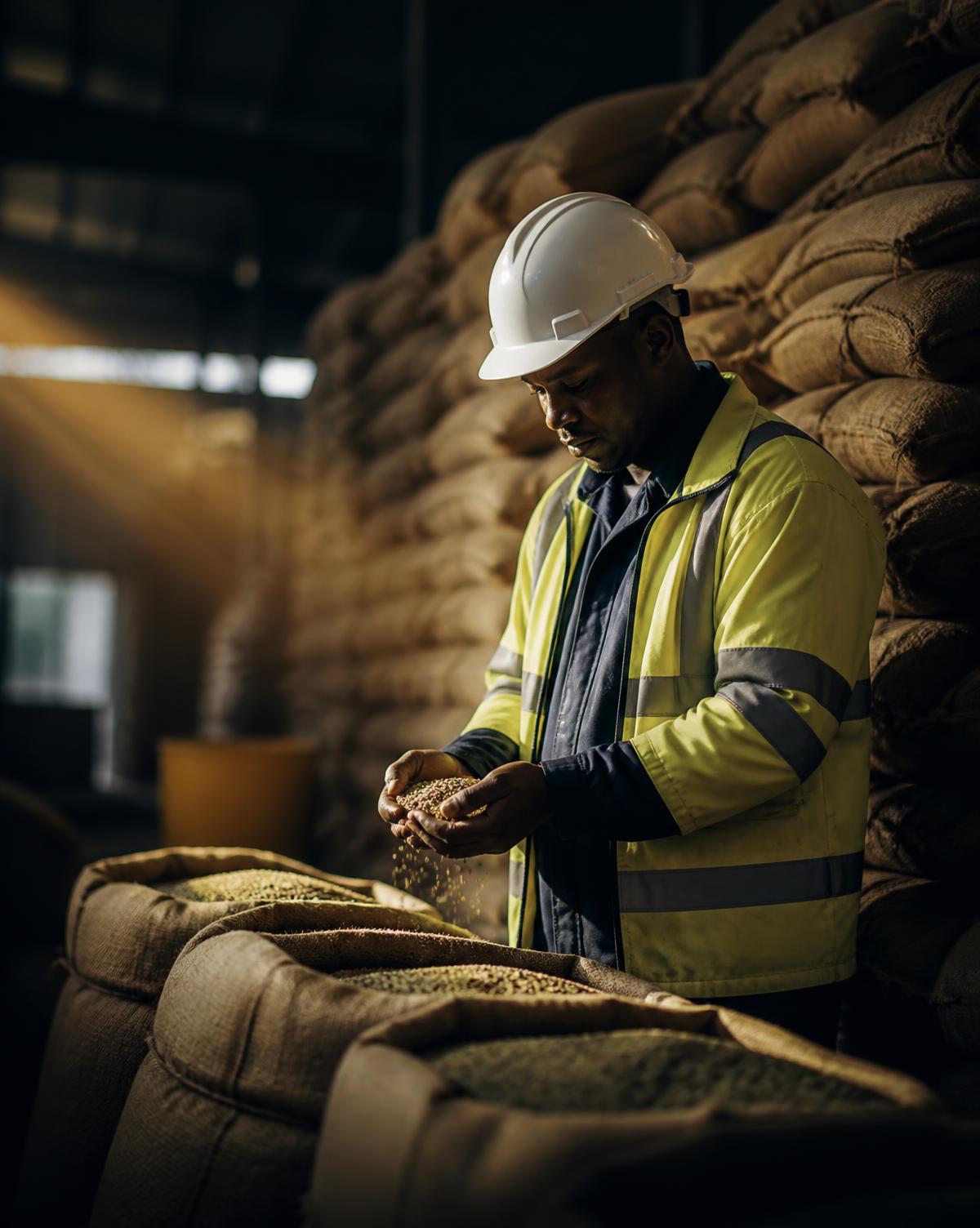 Inspector verifying agricultural commodities at origin warehouse