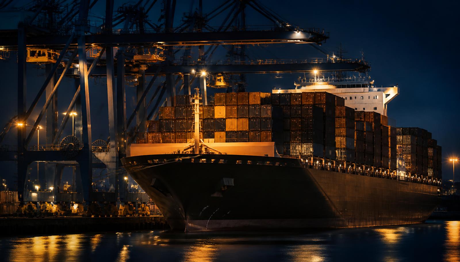 Container vessel loading at a deepwater port at night