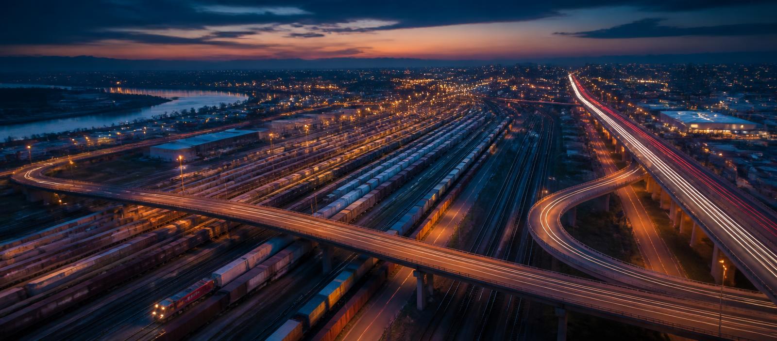 Freight rail yard and highway interchange at dusk